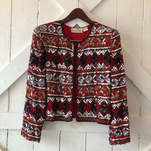Laurence Kazar Red and Black Beaded & Sequined Brocade Evening Jacket